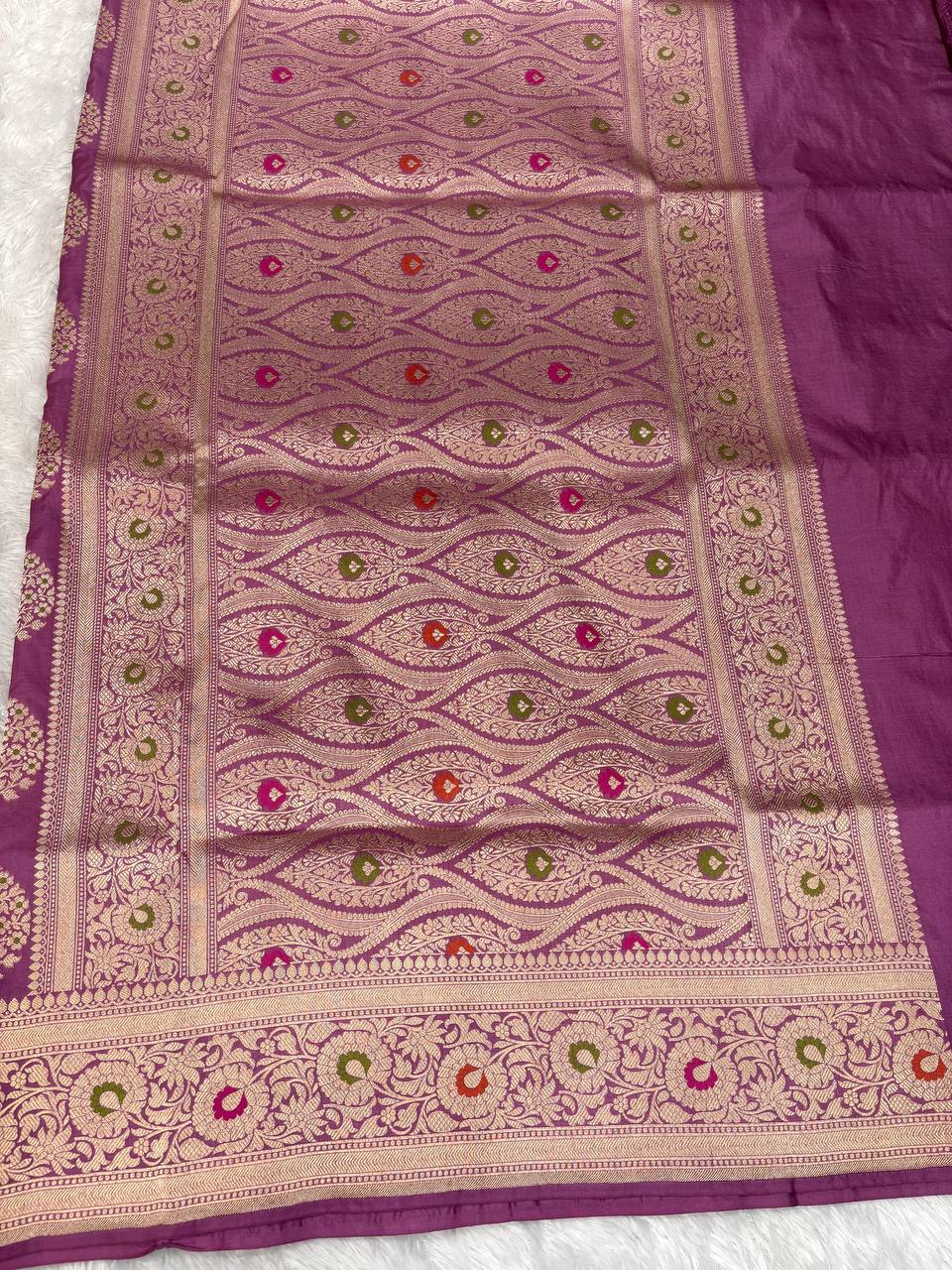 Magenta-Mauve Katan Silk Banarasi Saree | Meenakari Tree of Life (Kalpavriksha) Butis & Scalloped Zari Pallu