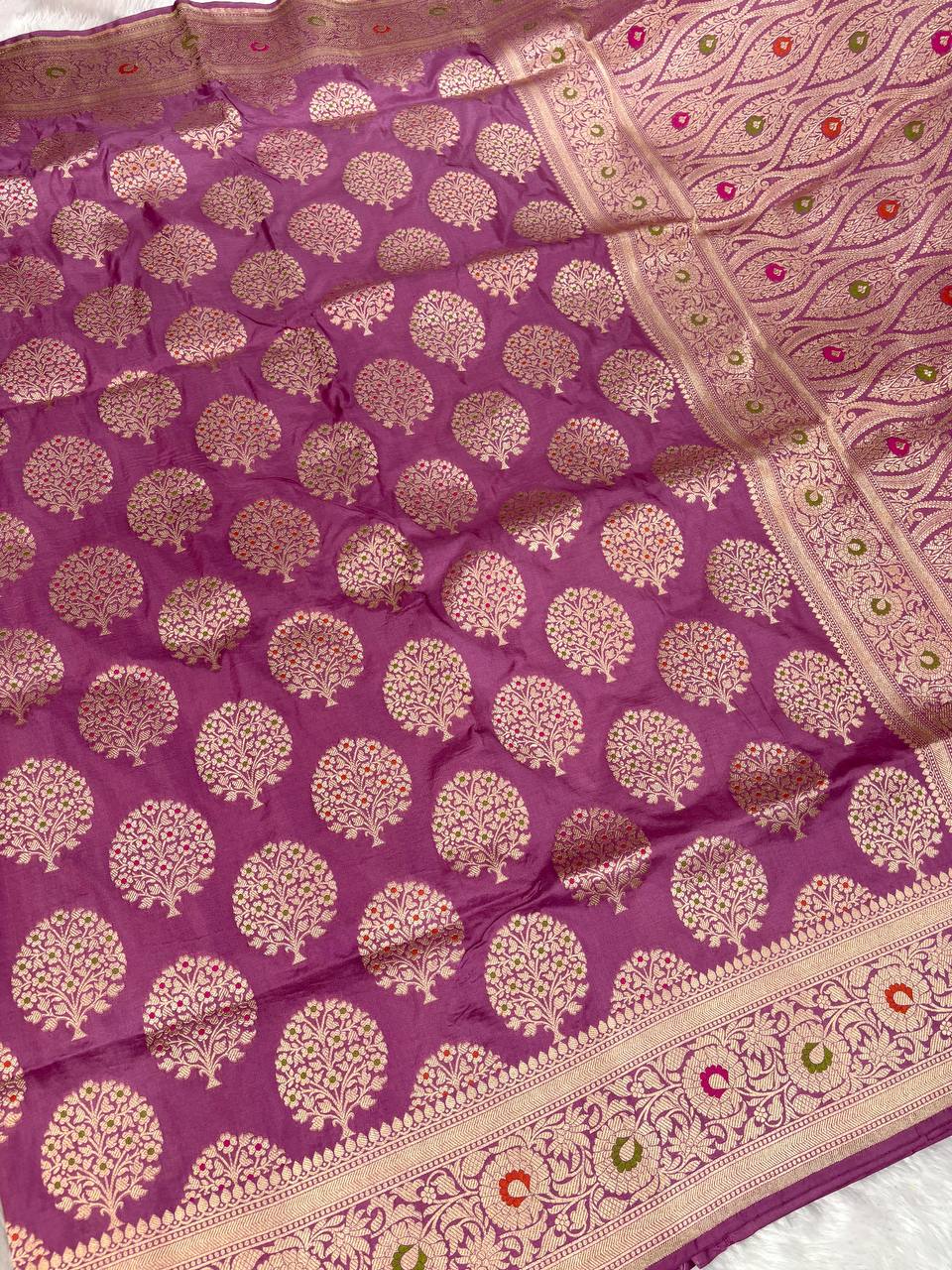 Magenta-Mauve Katan Silk Banarasi Saree | Meenakari Tree of Life (Kalpavriksha) Butis & Scalloped Zari Pallu