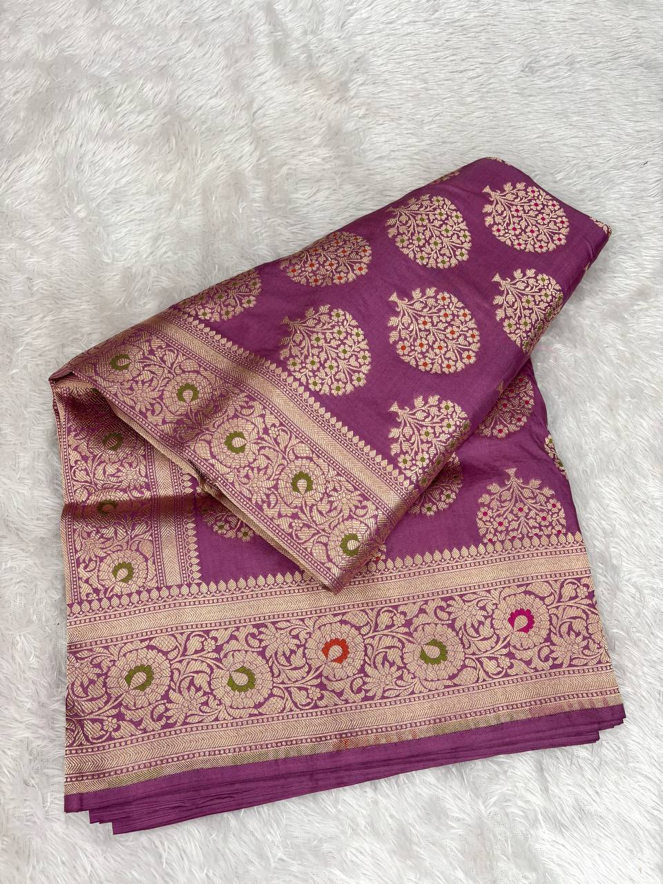 Magenta-Mauve Katan Silk Banarasi Saree | Meenakari Tree of Life (Kalpavriksha) Butis & Scalloped Zari Pallu