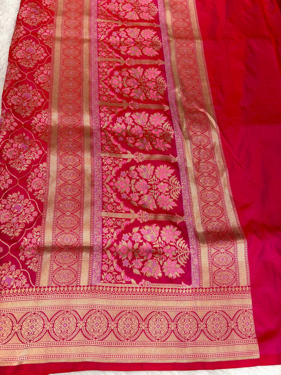 Chilli Red Katan Silk Banarasi Saree | Meenakari Ogee Jaal & Ornate Circular Zari Border