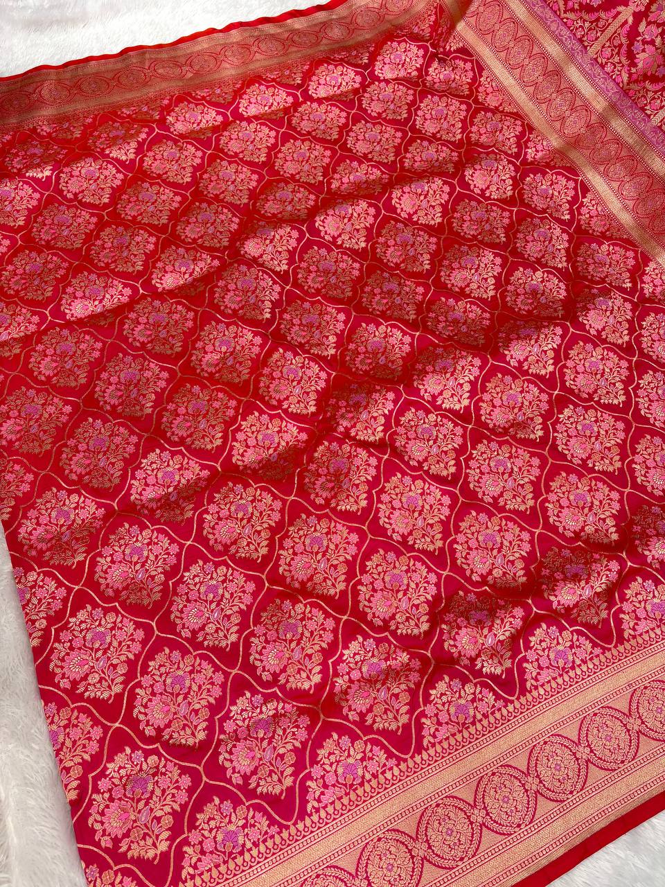 Chilli Red Katan Silk Banarasi Saree | Meenakari Ogee Jaal & Ornate Circular Zari Border