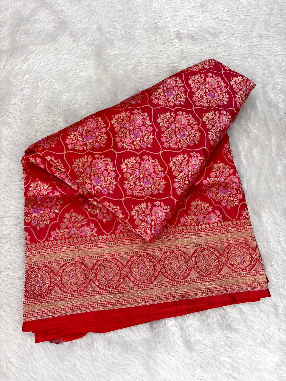 Chilli Red Katan Silk Banarasi Saree | Meenakari Ogee Jaal & Ornate Circular Zari Border
