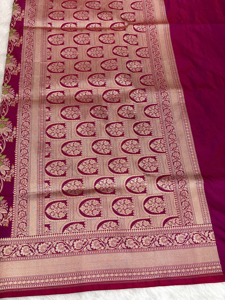 Deep Plum Katan Silk Banarasi Saree | Handwoven Meenakari Floral Vines & Ornate Arched Pallu