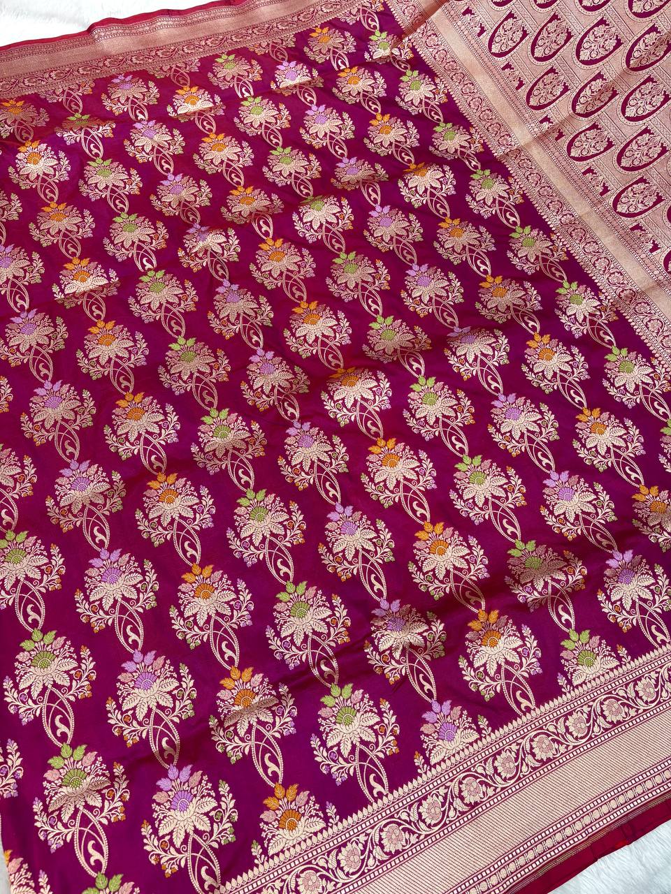 Deep Plum Katan Silk Banarasi Saree | Handwoven Meenakari Floral Vines & Ornate Arched Pallu