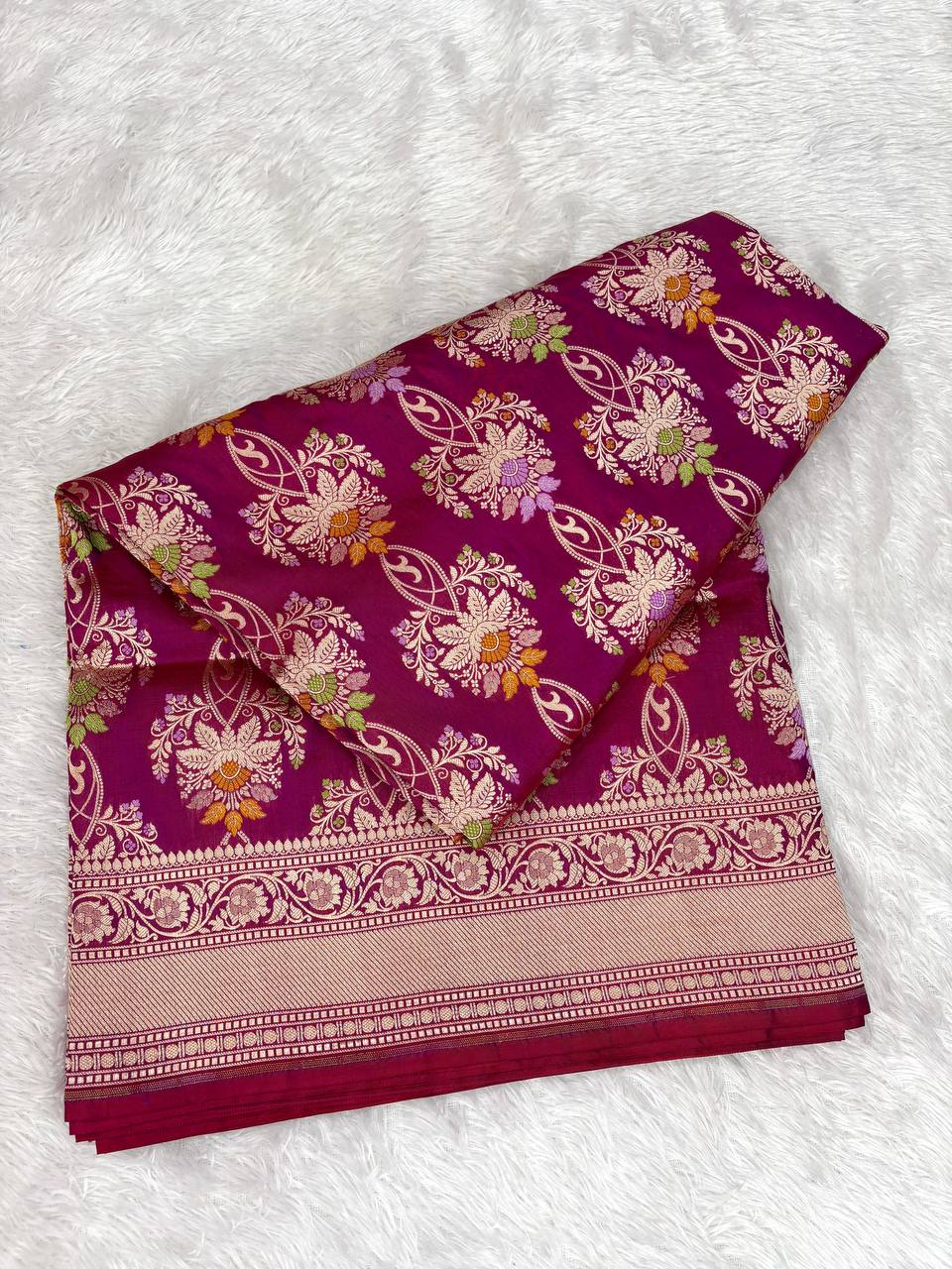 Deep Plum Katan Silk Banarasi Saree | Handwoven Meenakari Floral Vines & Ornate Arched Pallu