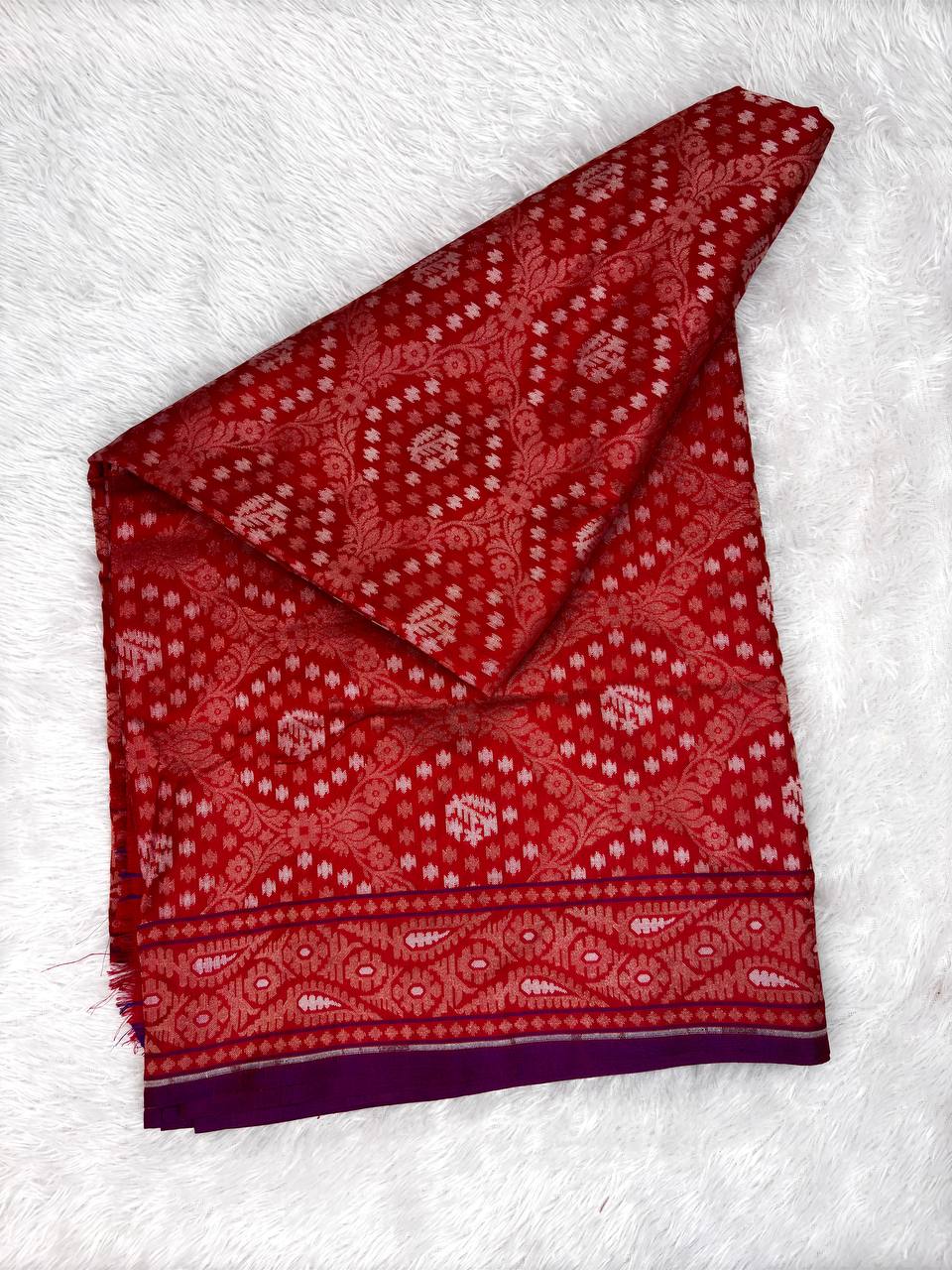 Scarlet Red & Royal Violet Premium Handloom Jamdani Saree with Intricate Paisley Zari Pallu