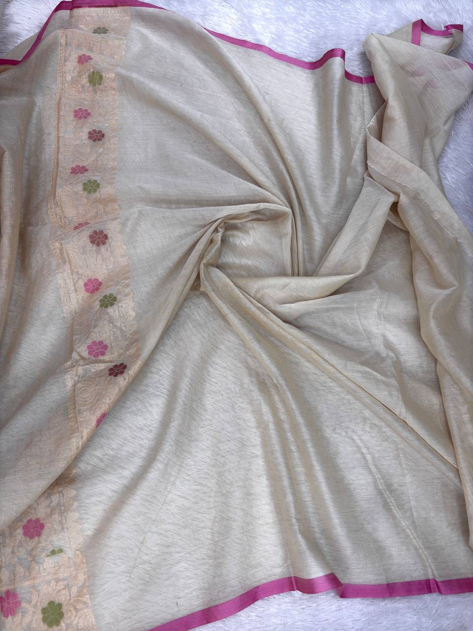Beige Muslin Premium Jamdani Saree with Multi-Color Floral Meenakari Weave & Magenta Border
