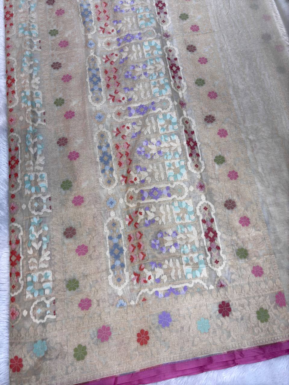 Beige Muslin Premium Jamdani Saree with Multi-Color Floral Meenakari Weave & Magenta Border