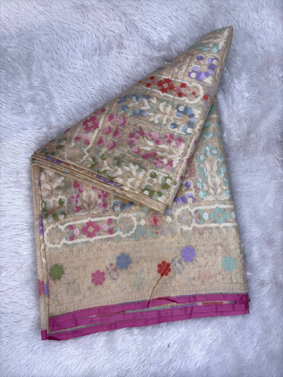 Beige Muslin Premium Jamdani Saree with Multi-Color Floral Meenakari Weave & Magenta Border