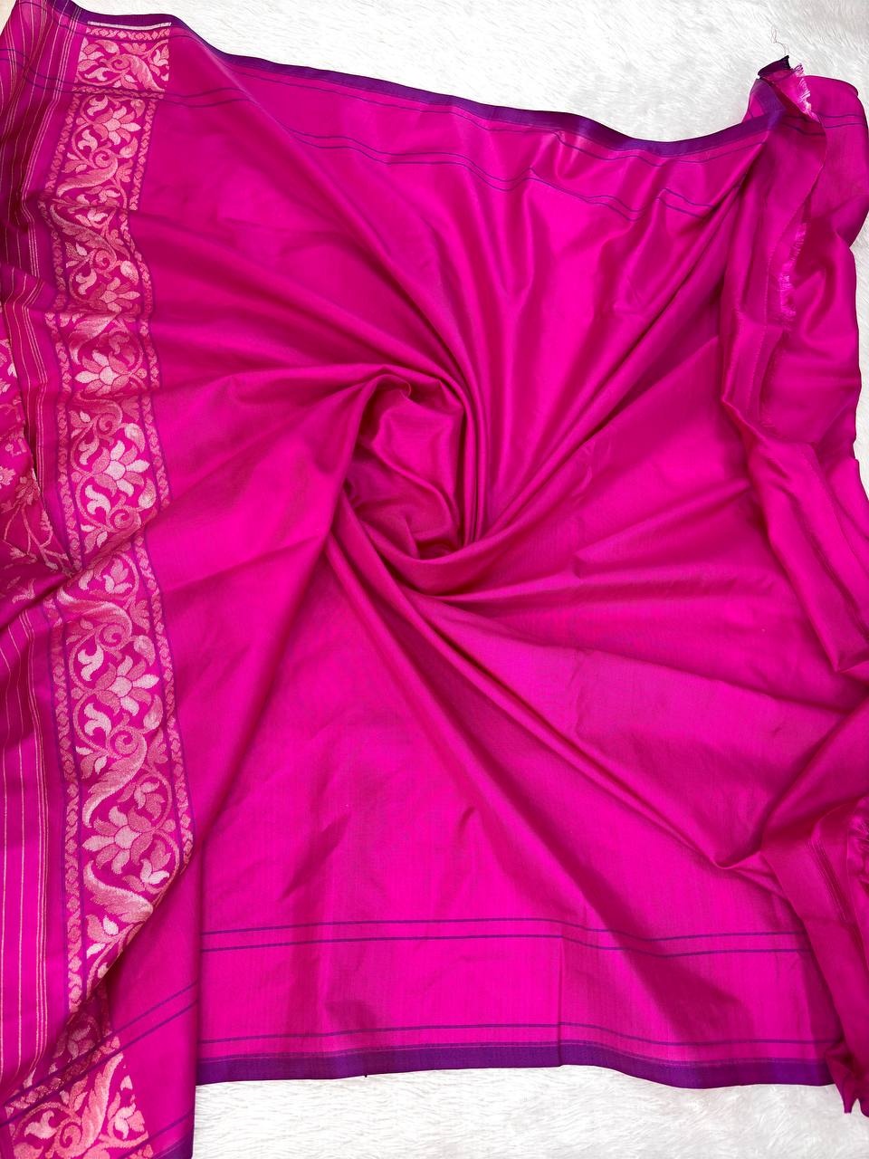 Magenta Pink & Royal Purple Premium Handloom Jamdani Saree with Silver Zari Floral Jaal and Paisley Pallu