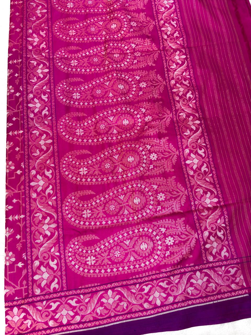 Magenta Pink & Royal Purple Premium Handloom Jamdani Saree with Silver Zari Floral Jaal and Paisley Pallu