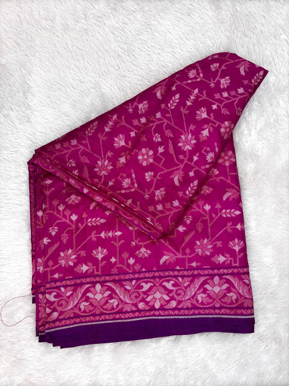 Magenta Pink & Royal Purple Premium Handloom Jamdani Saree with Silver Zari Floral Jaal and Paisley Pallu