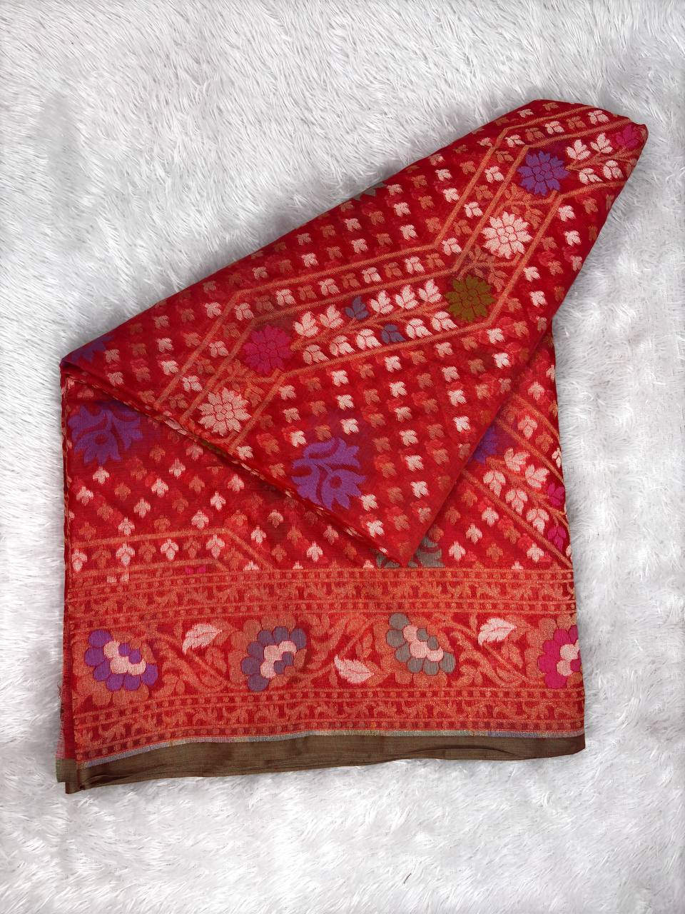 Vermillion Red Premium Handloom Jamdani Saree with Multi-Color Meenakari Zigzag Weave and Ornate Border