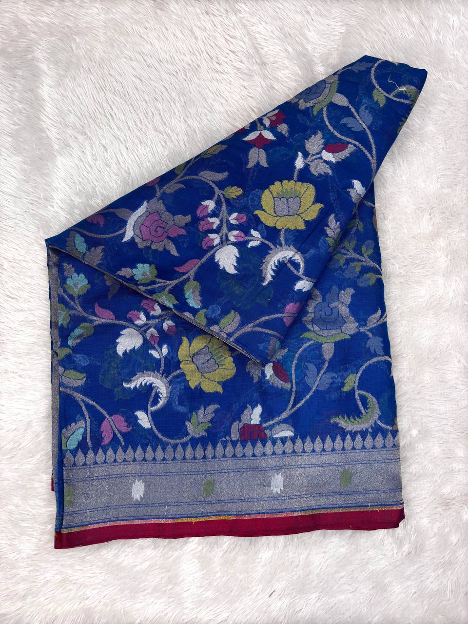 Royal Prussian Blue Premium Handloom Jamdani Saree with Multi-Color Meenakari Floral Jaal and Grand Paisley Pallu
