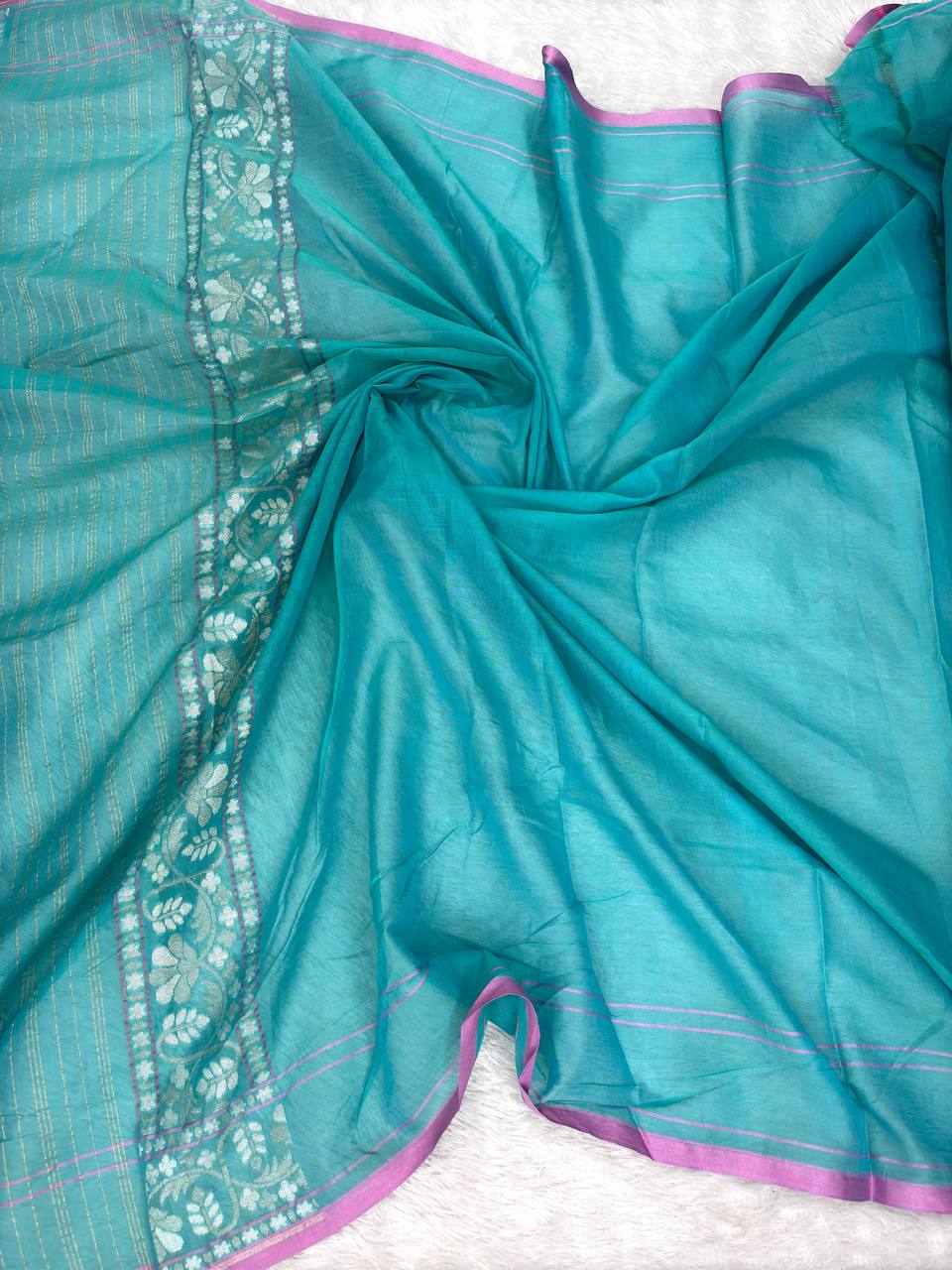 Seafoam Teal Premium Handloom Jamdani Saree with Multi-Color Meenakari Floral Jaal and Lavender Accents