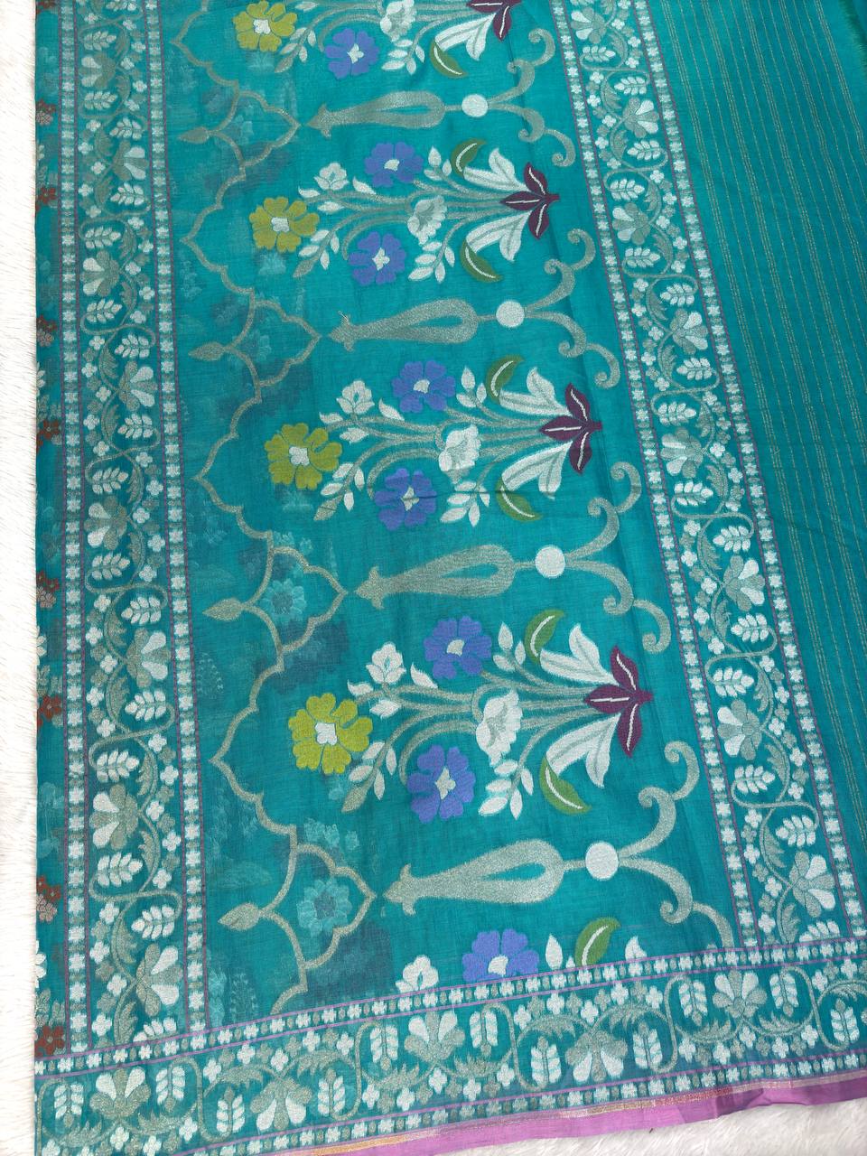 Seafoam Teal Premium Handloom Jamdani Saree with Multi-Color Meenakari Floral Jaal and Lavender Accents
