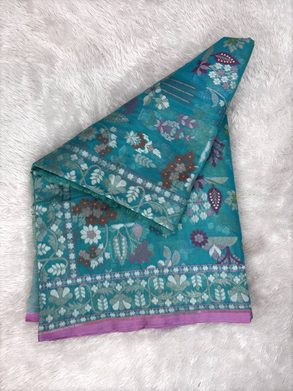 Seafoam Teal Premium Handloom Jamdani Saree with Multi-Color Meenakari Floral Jaal and Lavender Accents