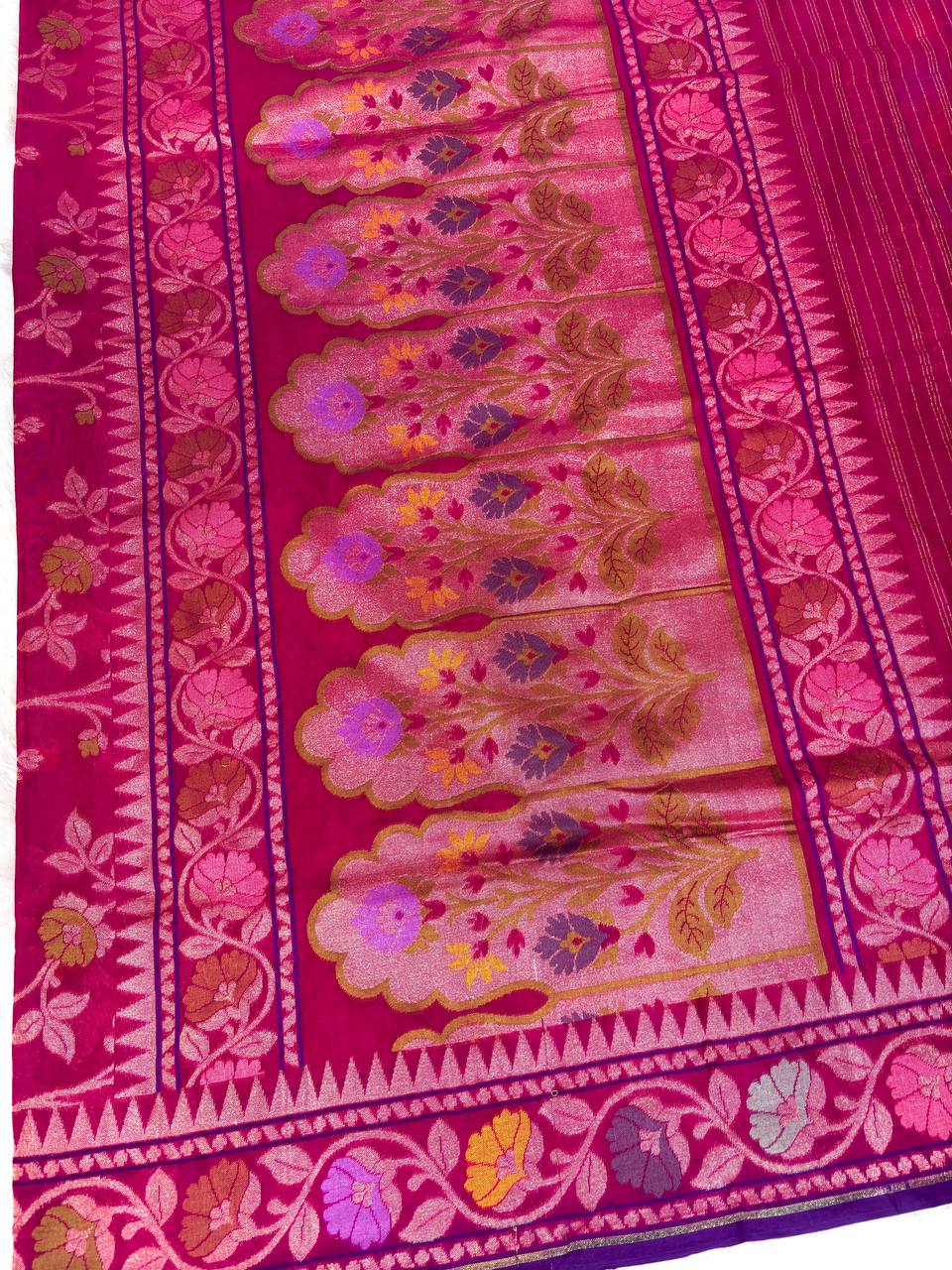 Royal Magenta Pink Premium Hand-Woven Jamdani Saree with Meenakari Floral Jaal and Purple Temple Border