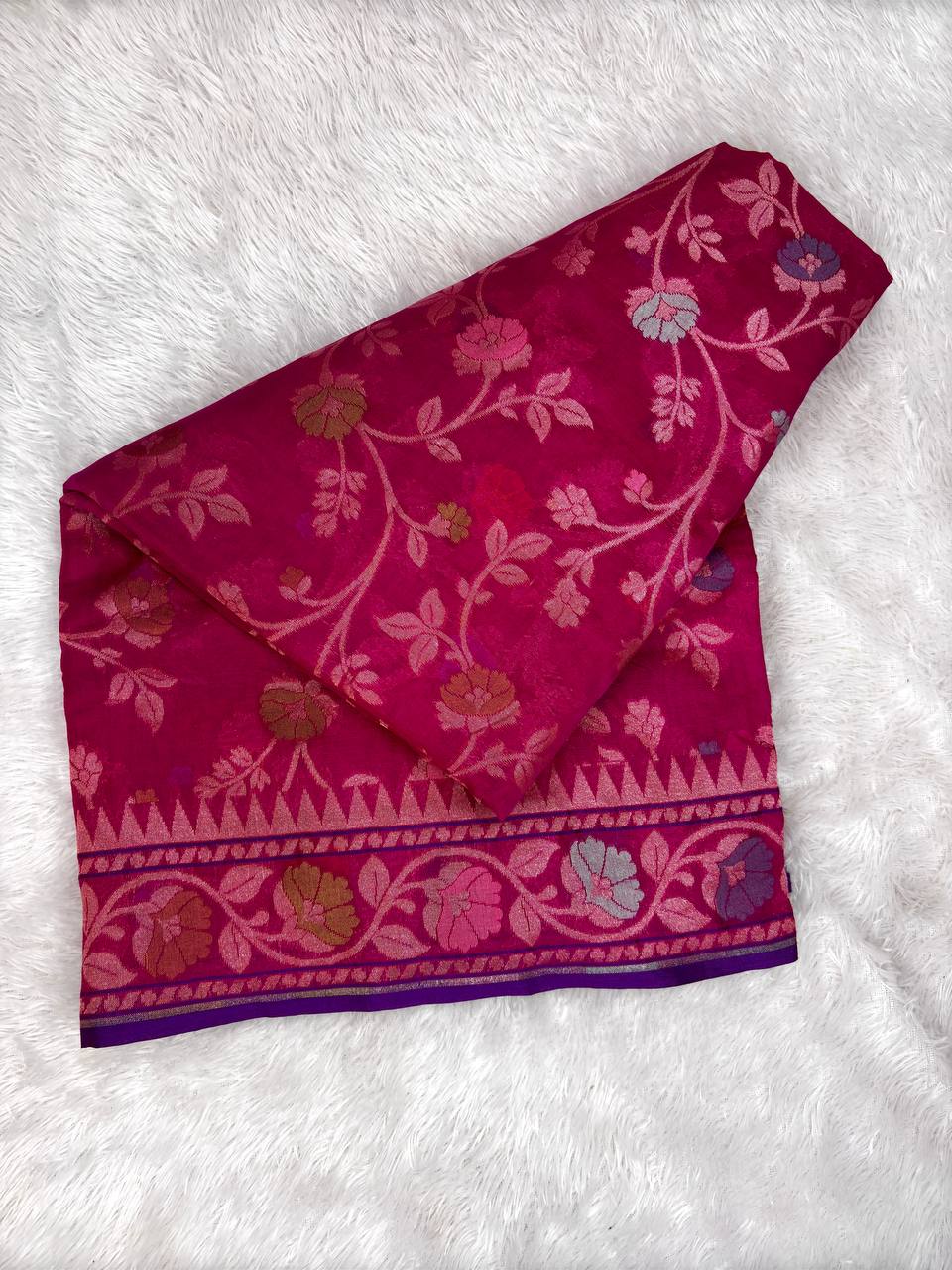 Royal Magenta Pink Premium Hand-Woven Jamdani Saree with Meenakari Floral Jaal and Purple Temple Border