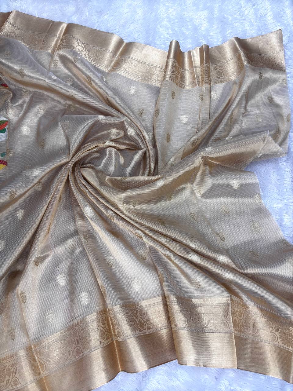 Handwoven Champagne Gold Banarasi Tissue Silk Saree with Meenakari Kadhwa Jaal and Floral Butis
