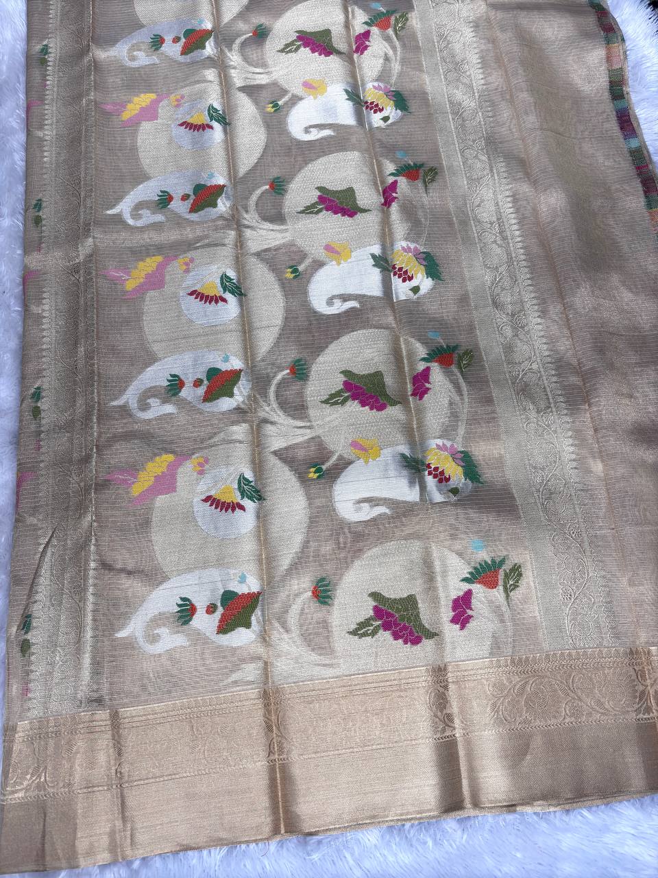 Handwoven Champagne Gold Banarasi Tissue Silk Saree with Meenakari Kadhwa Jaal and Floral Butis