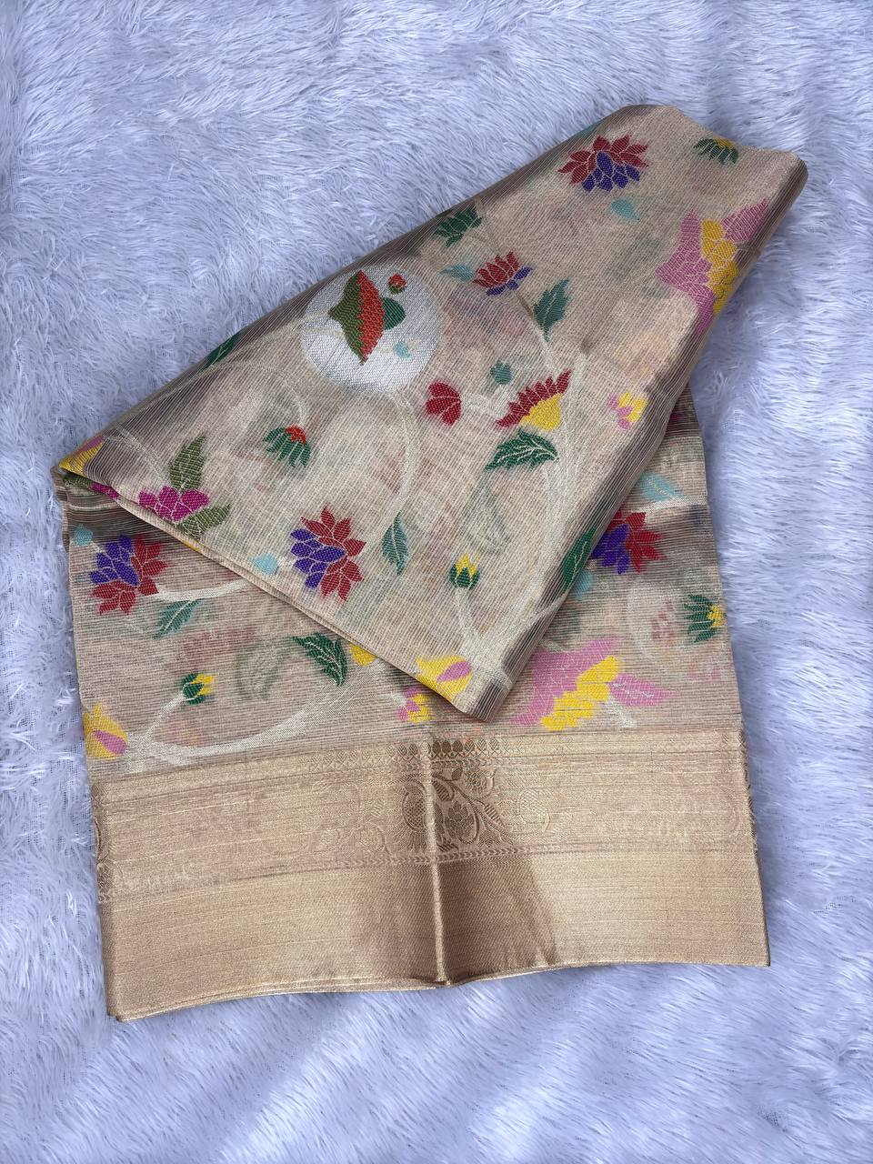 Handwoven Champagne Gold Banarasi Tissue Silk Saree with Meenakari Kadhwa Jaal and Floral Butis