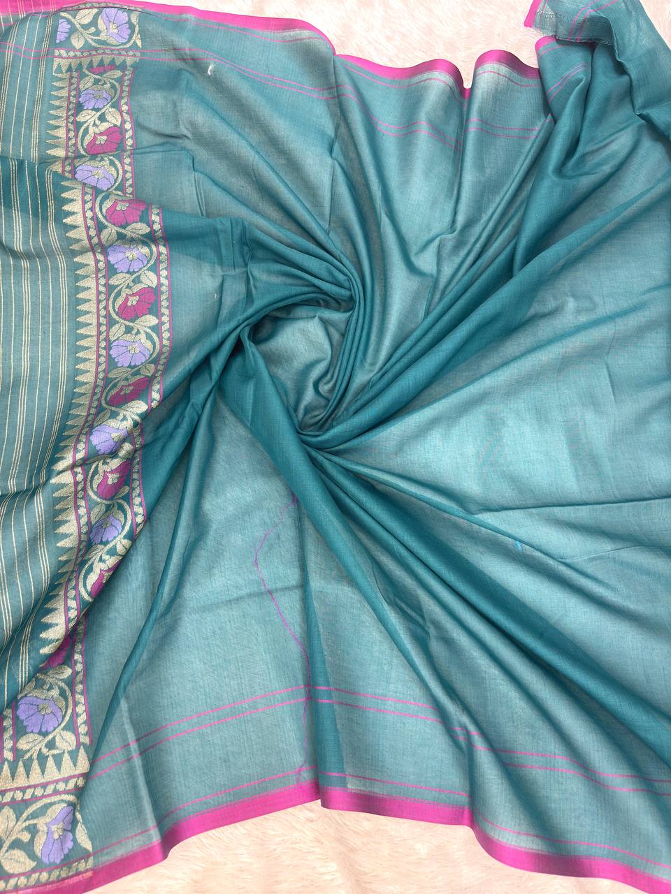 Teal Blue Premium Soft Silk Jamdani Saree with Multicolor Meenakari Jaal and Rani Pink Selvedge