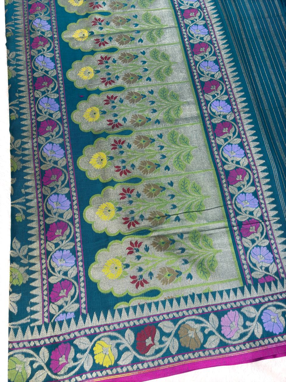 Teal Blue Premium Soft Silk Jamdani Saree with Multicolor Meenakari Jaal and Rani Pink Selvedge