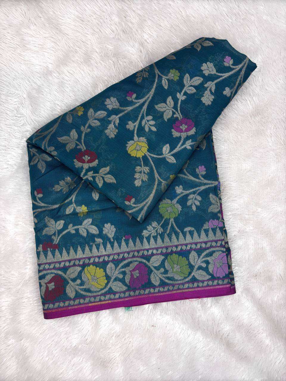 Teal Blue Premium Soft Silk Jamdani Saree with Multicolor Meenakari Jaal and Rani Pink Selvedge