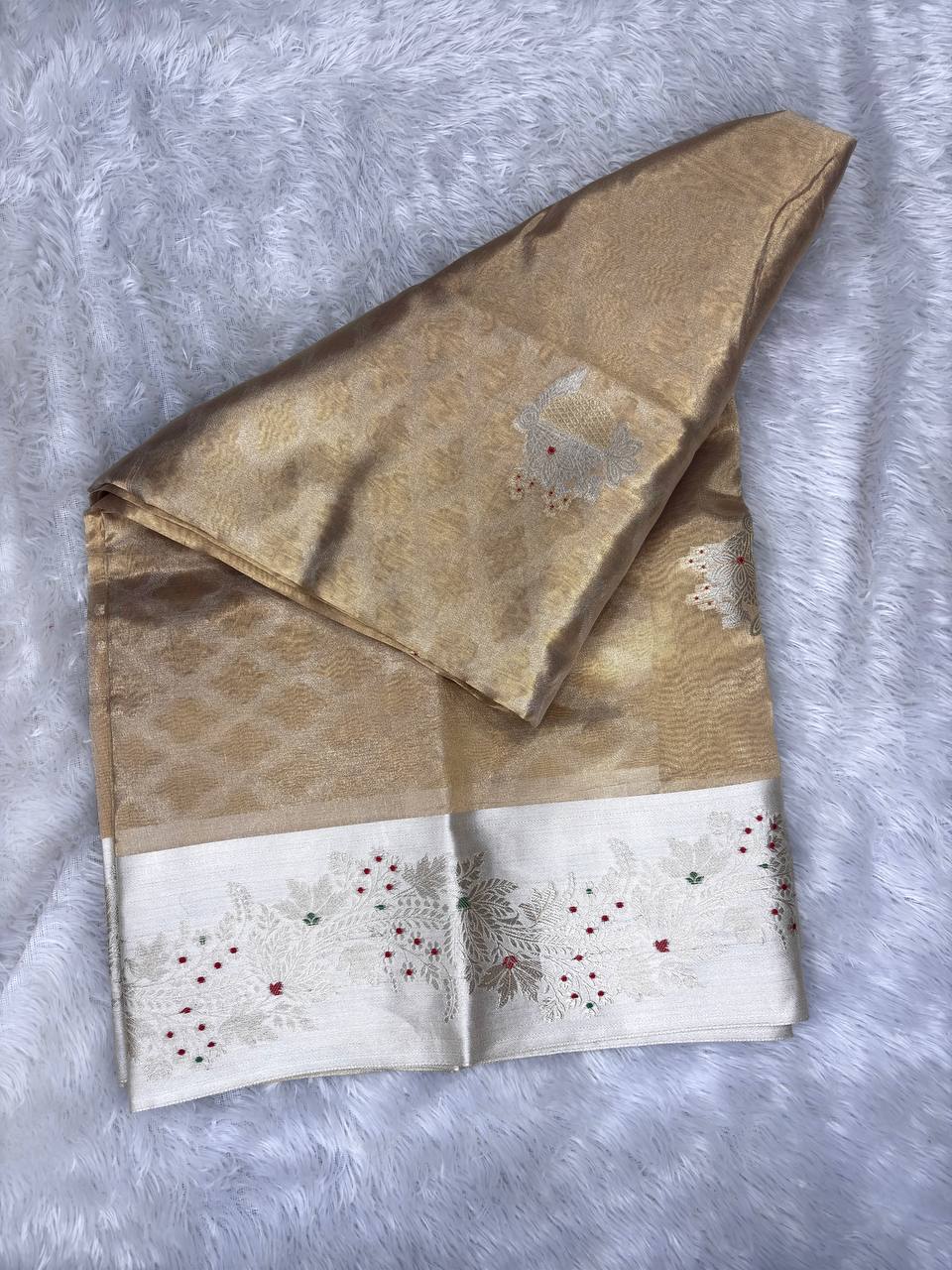 Hand-loomed Dual-Tone Golden Tissue Silk Banarasi Saree with Silver Zari Border and Meenakari Floral Jaal