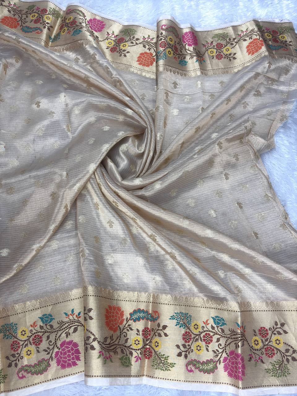 Handwoven Muted Gold Banarasi Tissue Silk Saree with Meenakari Floral Border and Foliage Jaal