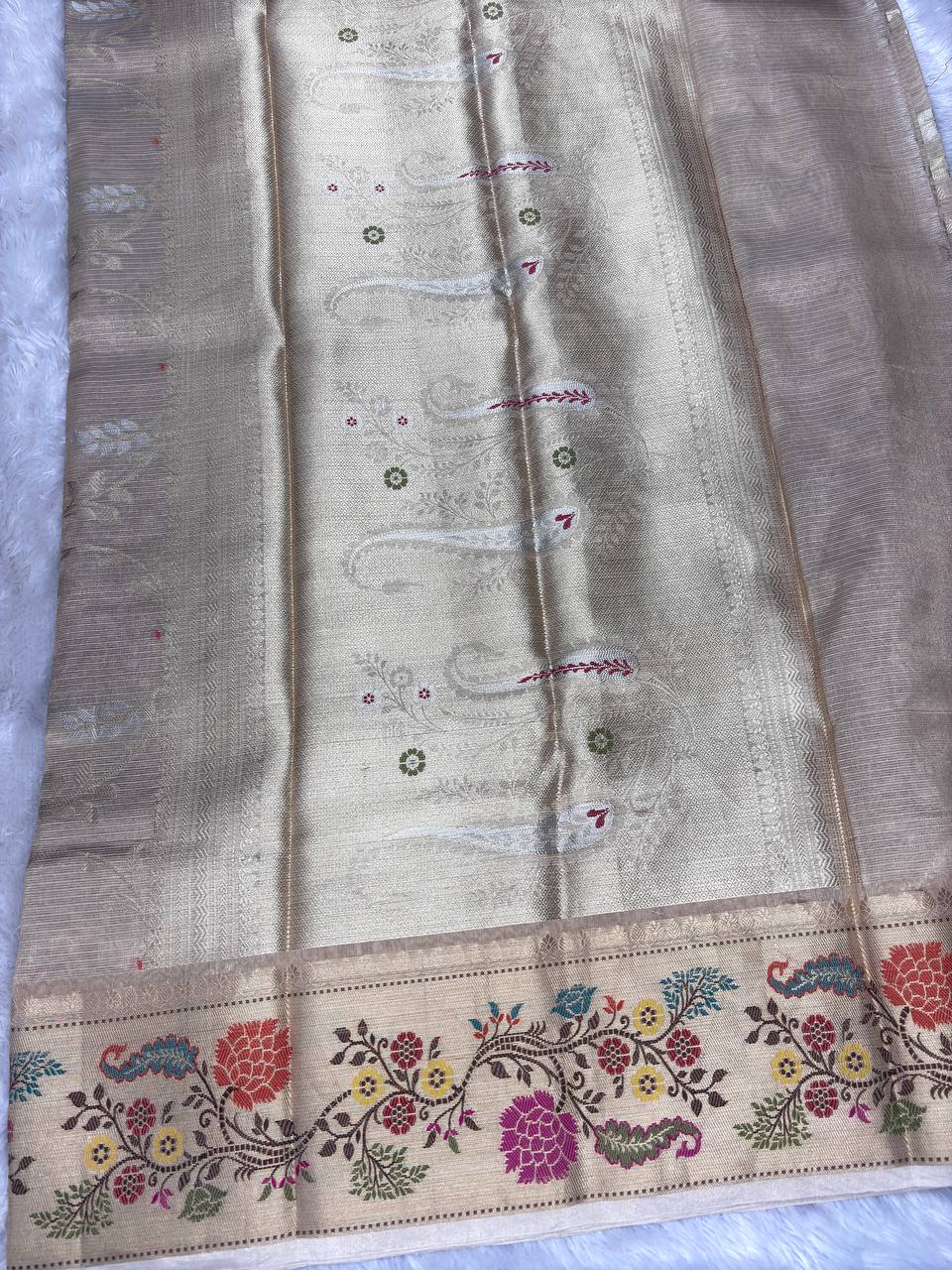 Handwoven Muted Gold Banarasi Tissue Silk Saree with Meenakari Floral Border and Foliage Jaal