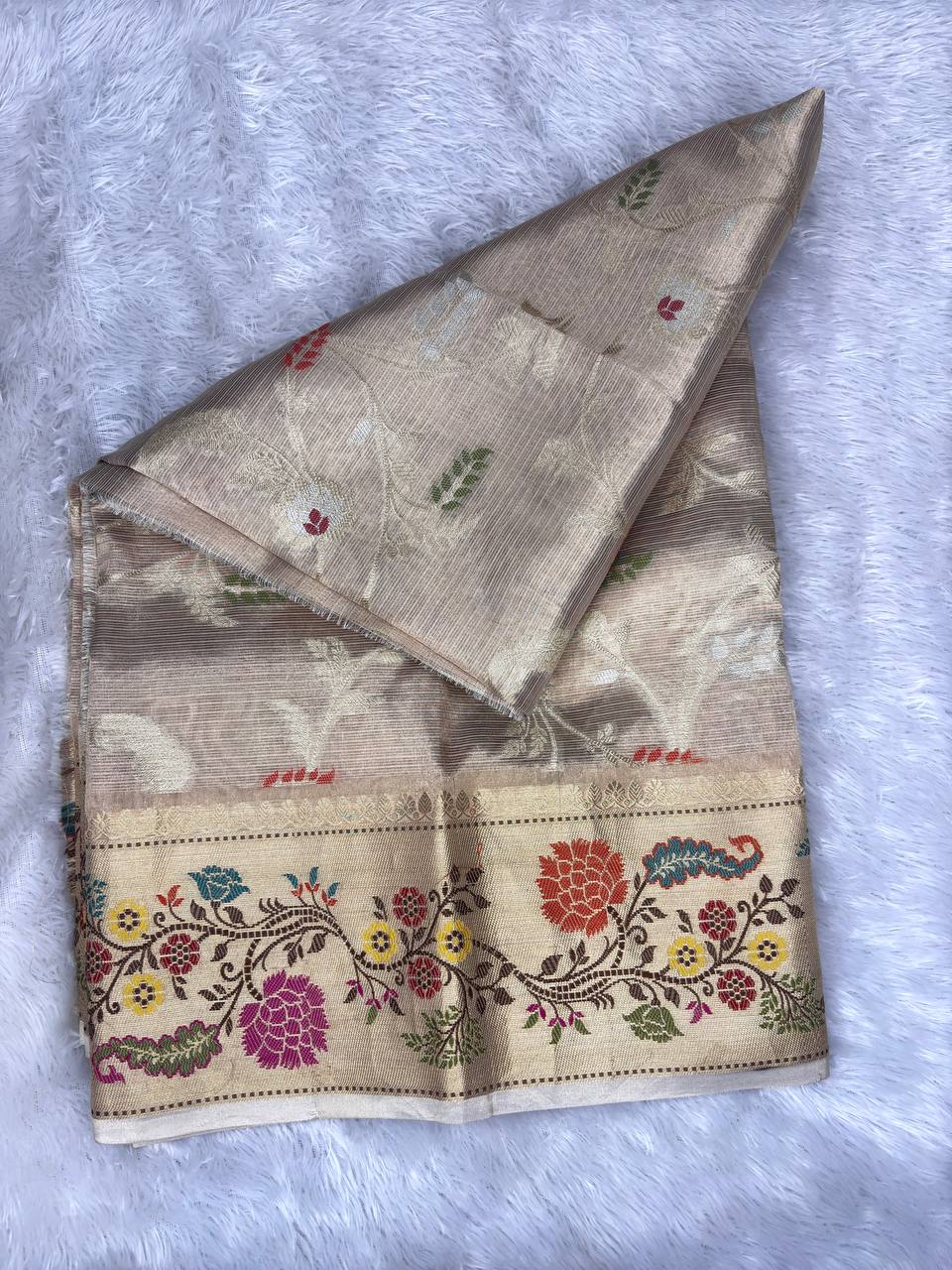 Handwoven Muted Gold Banarasi Tissue Silk Saree with Meenakari Floral Border and Foliage Jaal