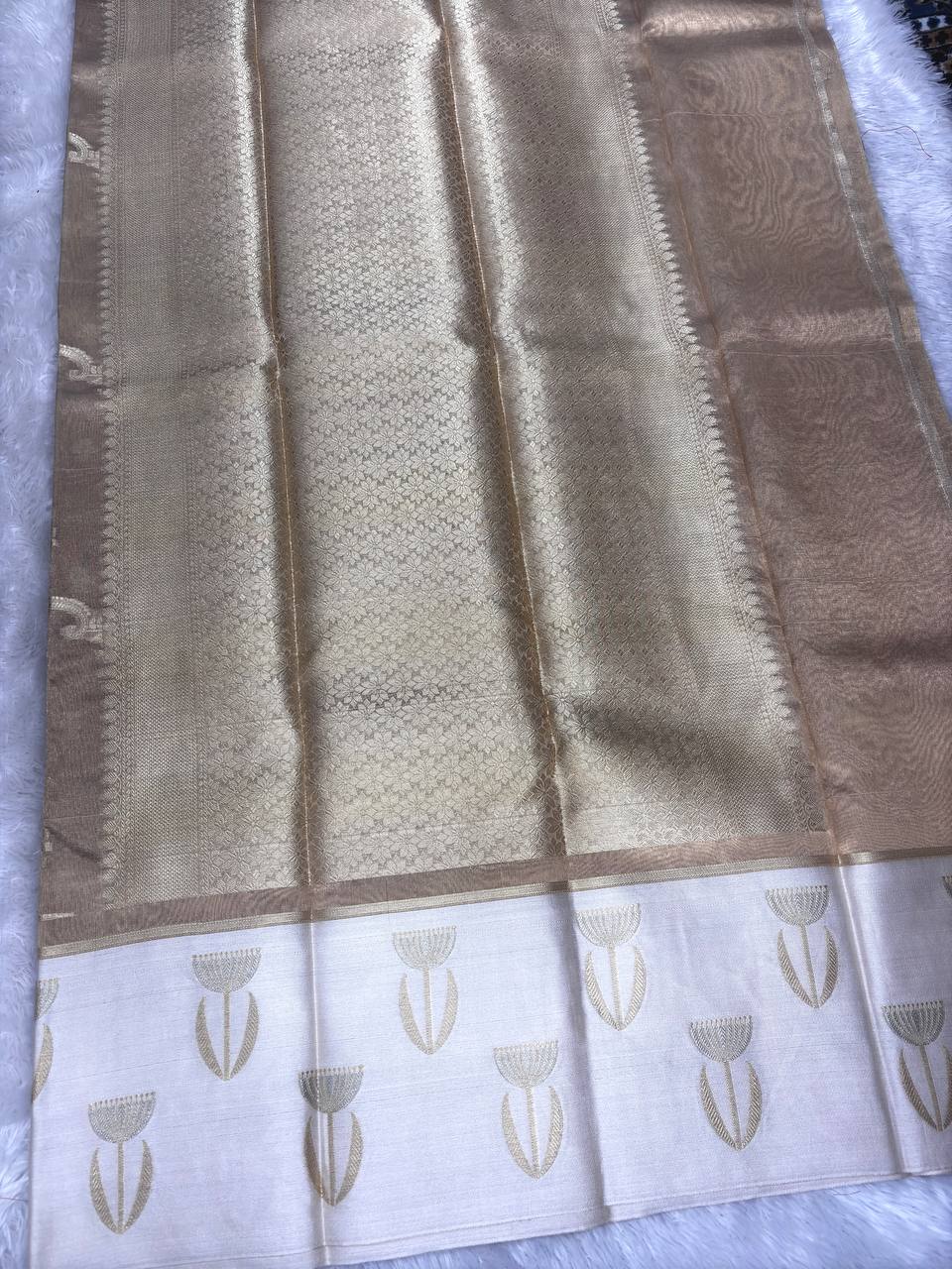 Metallic Antique Gold Banarasi Tissue Silk Saree with Contrast Silver Scalloped Border and Modern Tulip Motifs