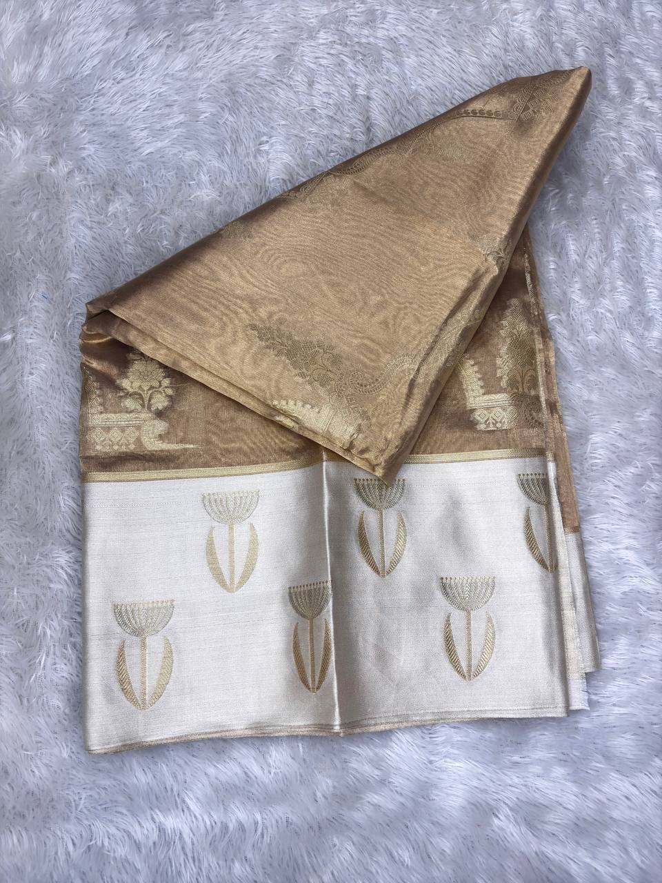 Metallic Antique Gold Banarasi Tissue Silk Saree with Contrast Silver Scalloped Border and Modern Tulip Motifs