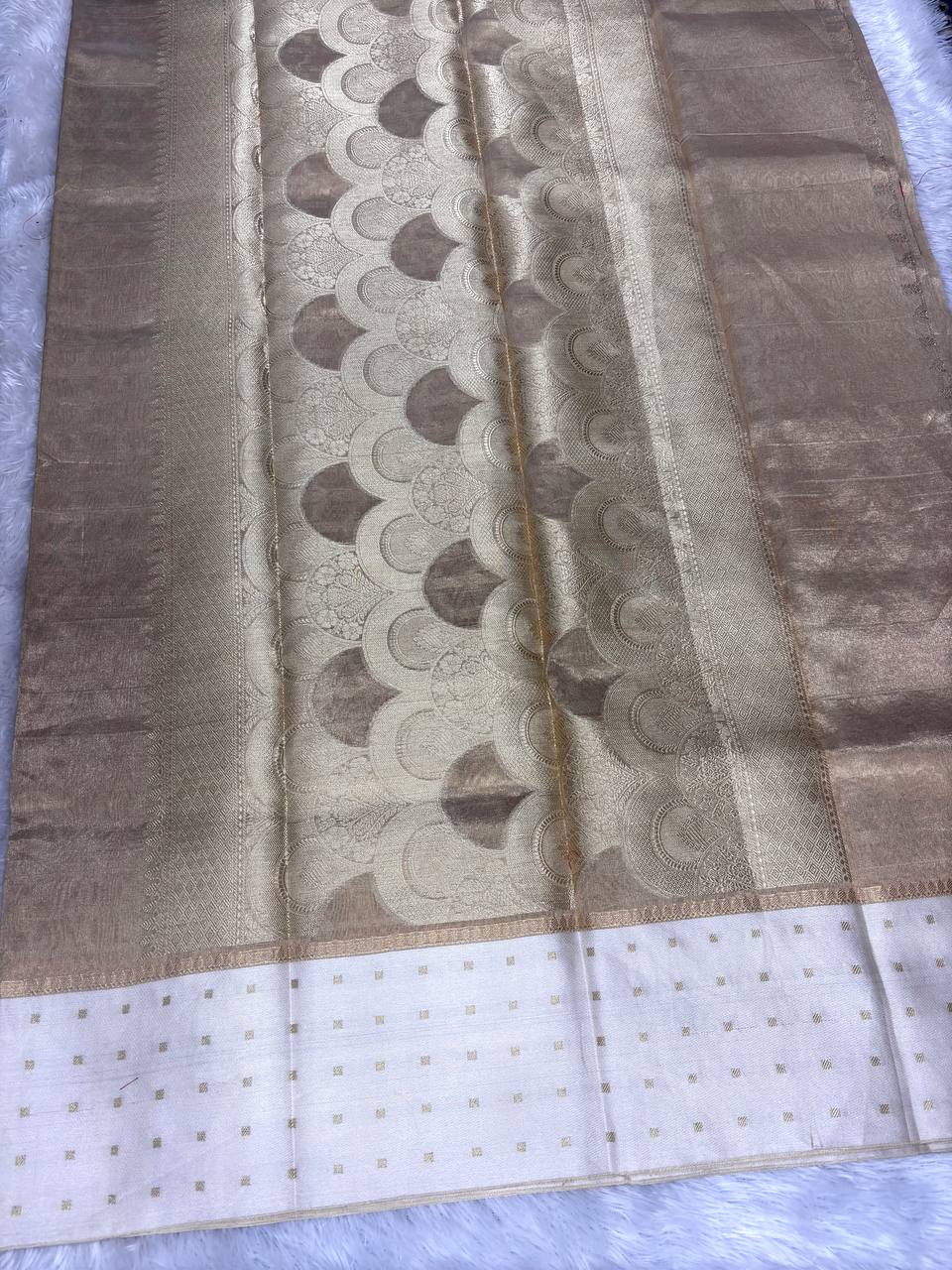 Regal Champagne Gold Banarasi Tissue Silk Saree with Scalloped Pallu and Silver Zari Border