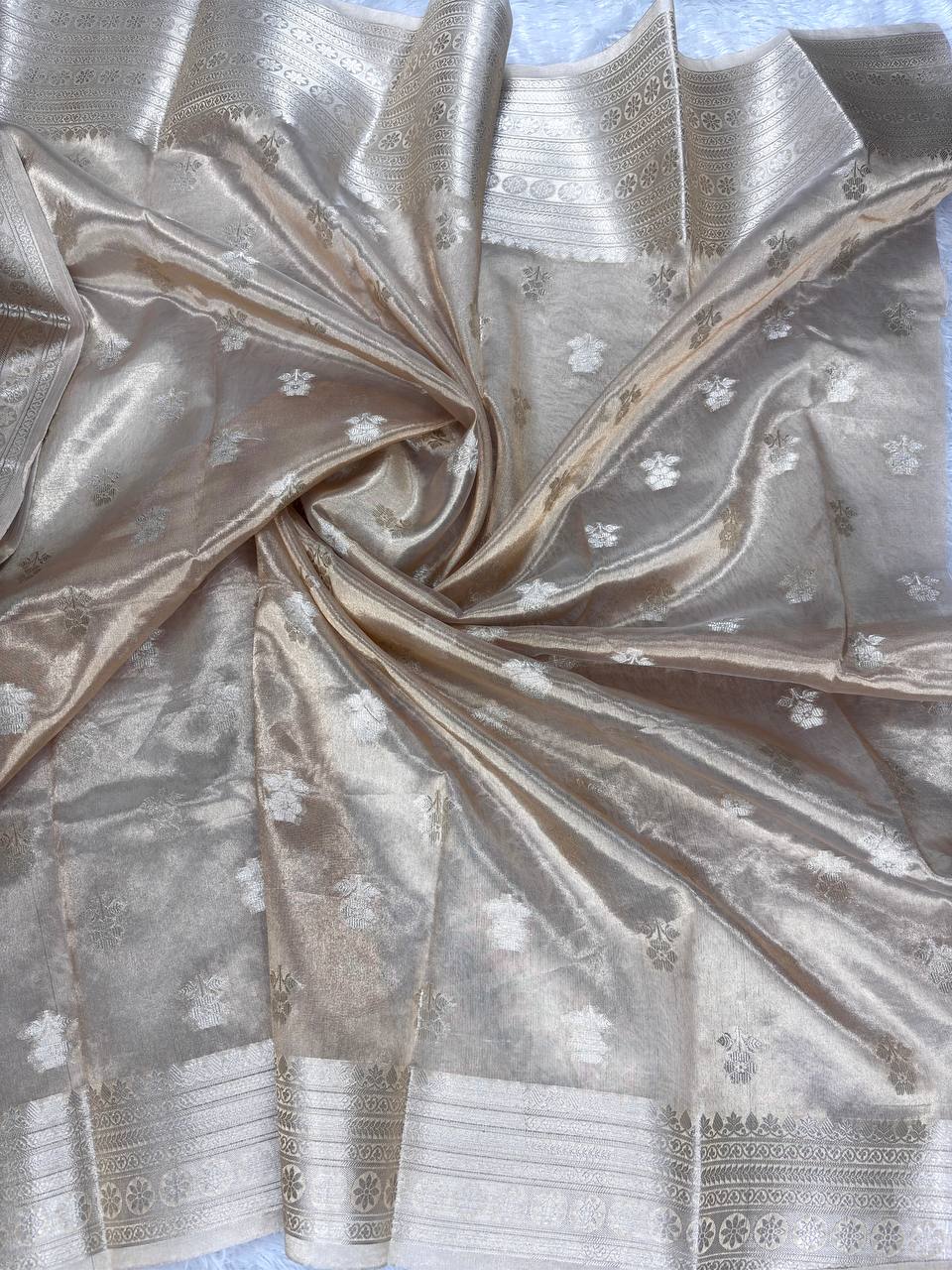 Exquisite Champagne Gold Banarasi Tissue Silk Saree with All-Over Multi-Color Meenakari Floral Jaal