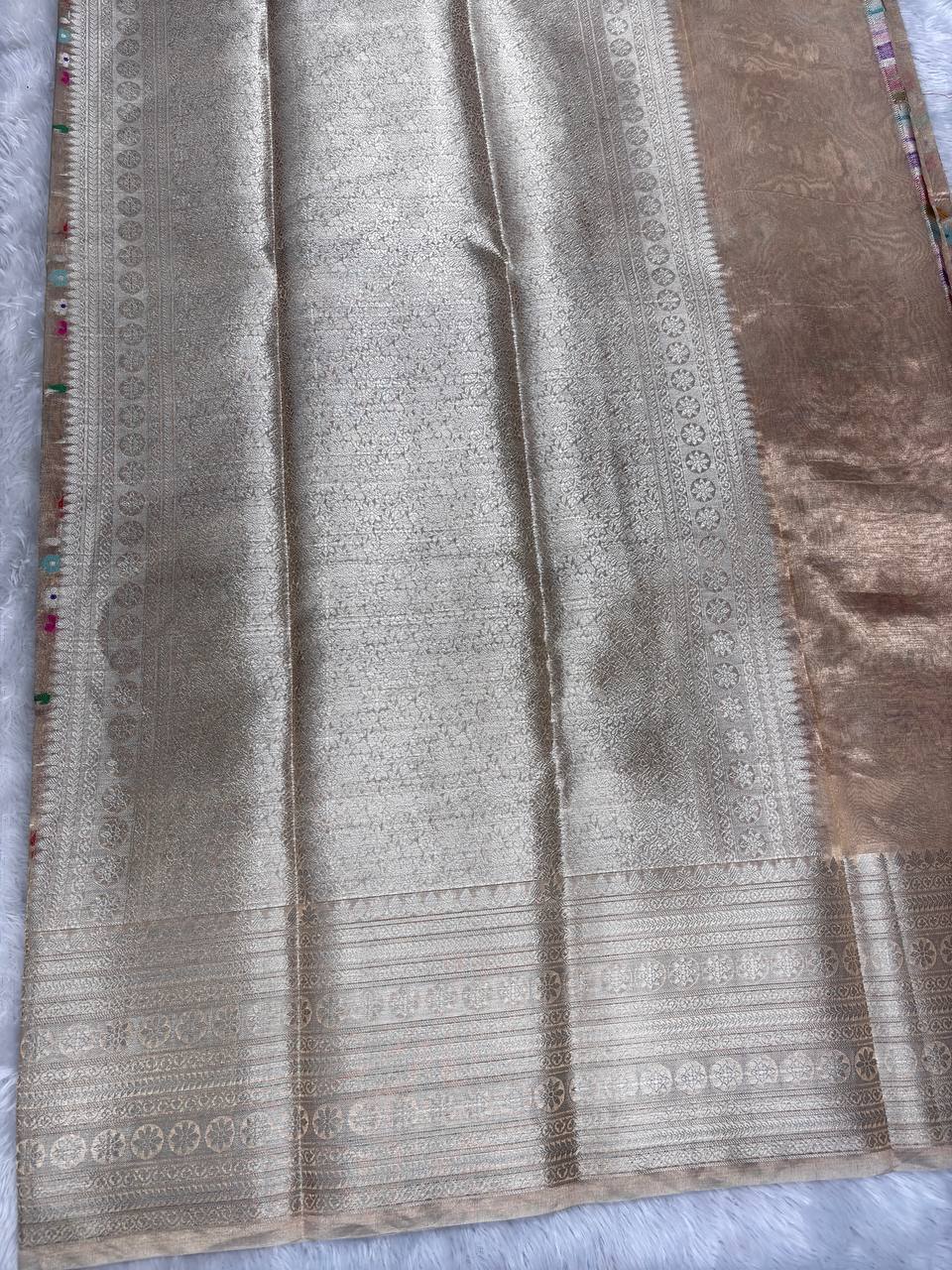 Exquisite Champagne Gold Banarasi Tissue Silk Saree with All-Over Multi-Color Meenakari Floral Jaal