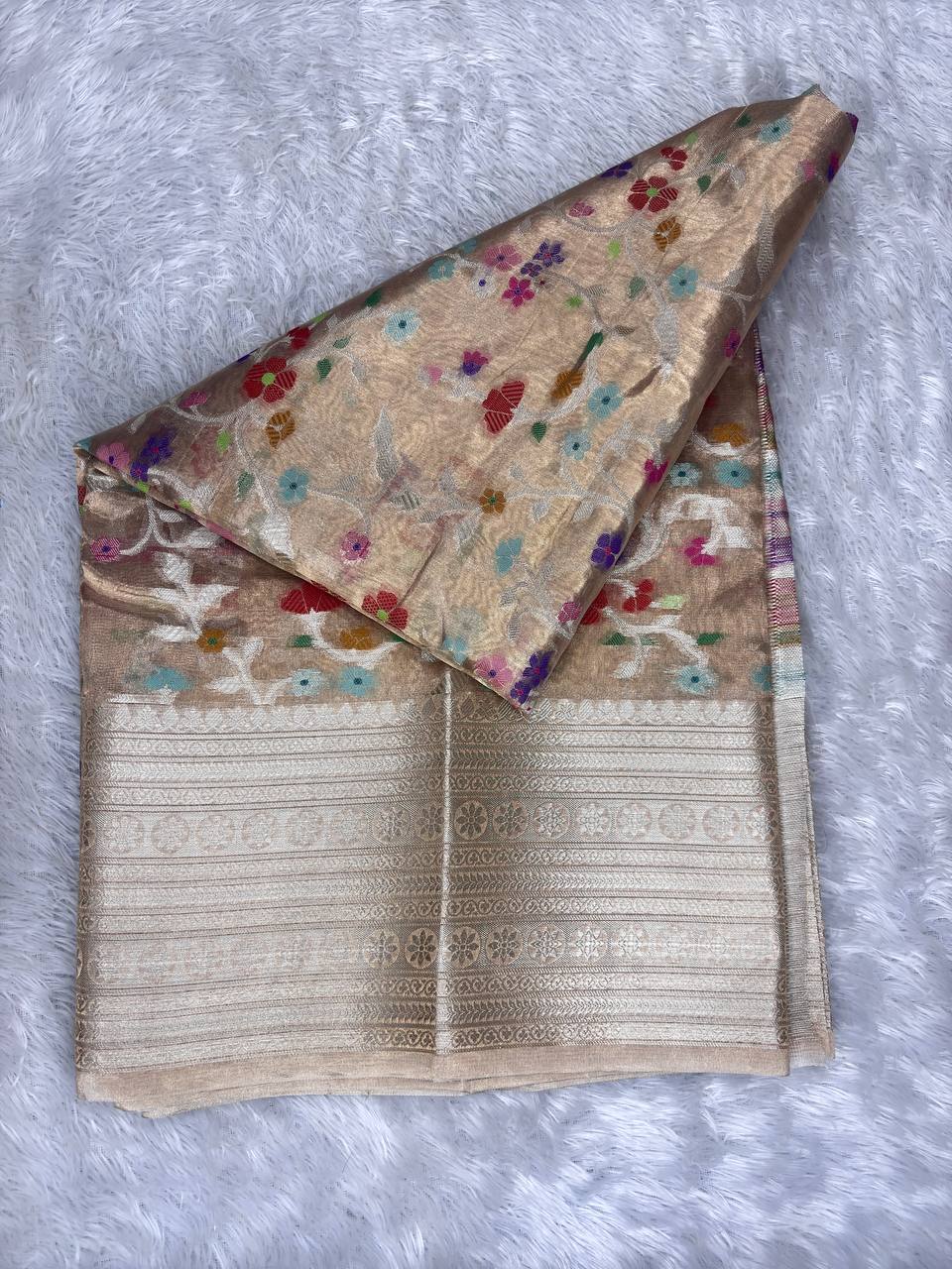 Exquisite Champagne Gold Banarasi Tissue Silk Saree with All-Over Multi-Color Meenakari Floral Jaal