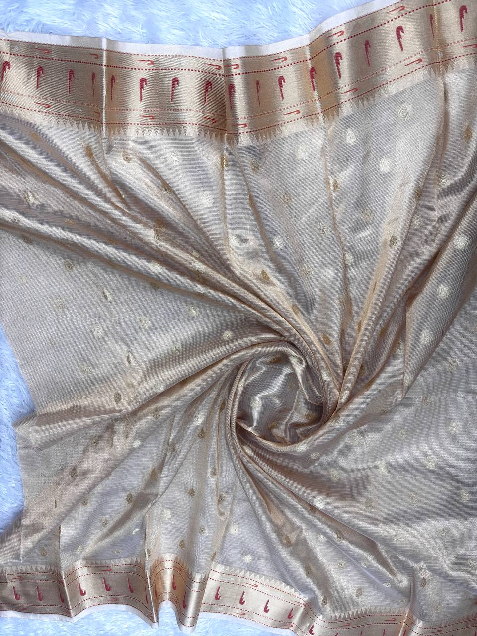 Handwoven Muted Copper Tissue Silk Banarasi Saree with Multi-Color Meenakari Floral Jaal and Tilak Border
