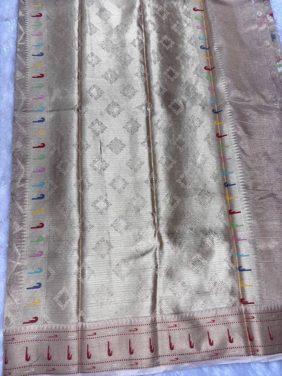 Handwoven Muted Copper Tissue Silk Banarasi Saree with Multi-Color Meenakari Floral Jaal and Tilak Border