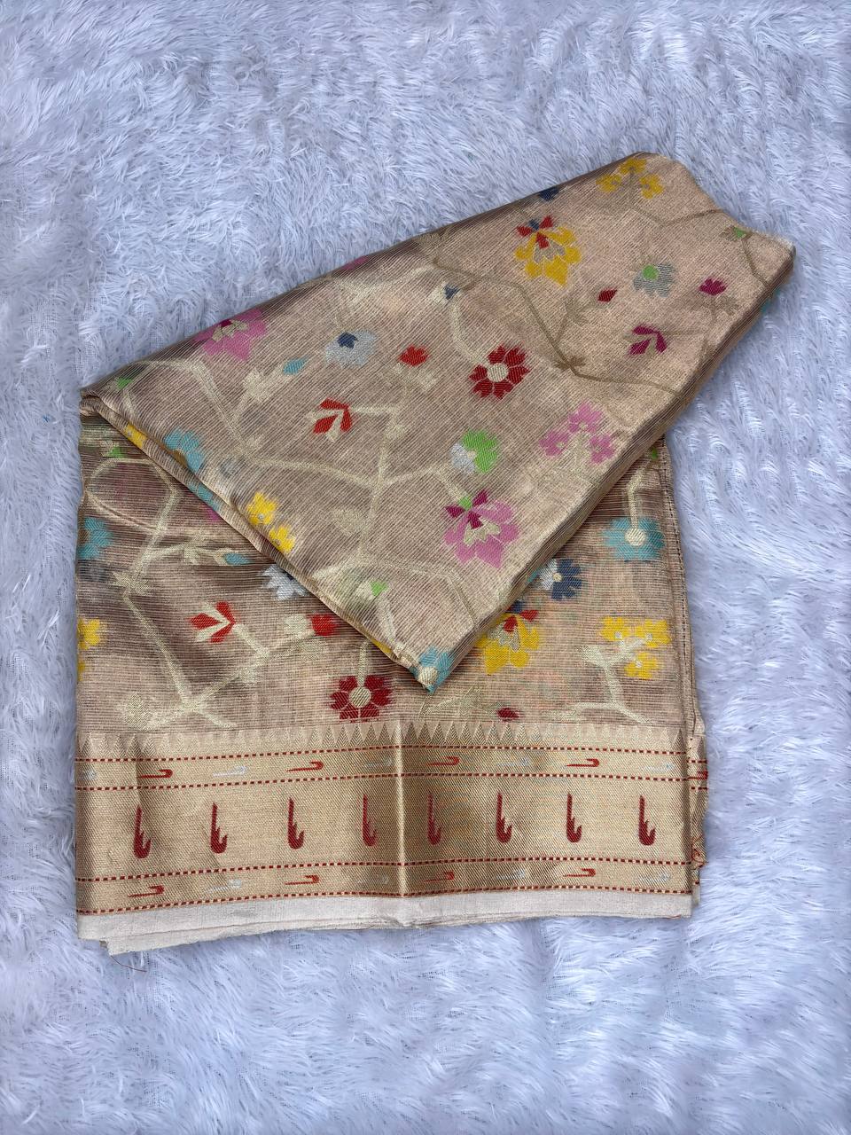 Handwoven Muted Copper Tissue Silk Banarasi Saree with Multi-Color Meenakari Floral Jaal and Tilak Border
