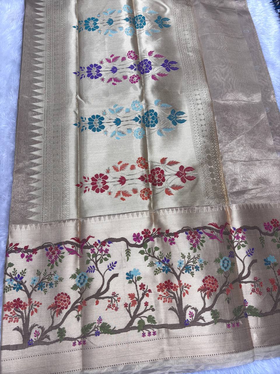 Handwoven Rose Gold Banarasi Tissue Silk Saree with Shikargah-inspired Tree of Life Meenakari Border