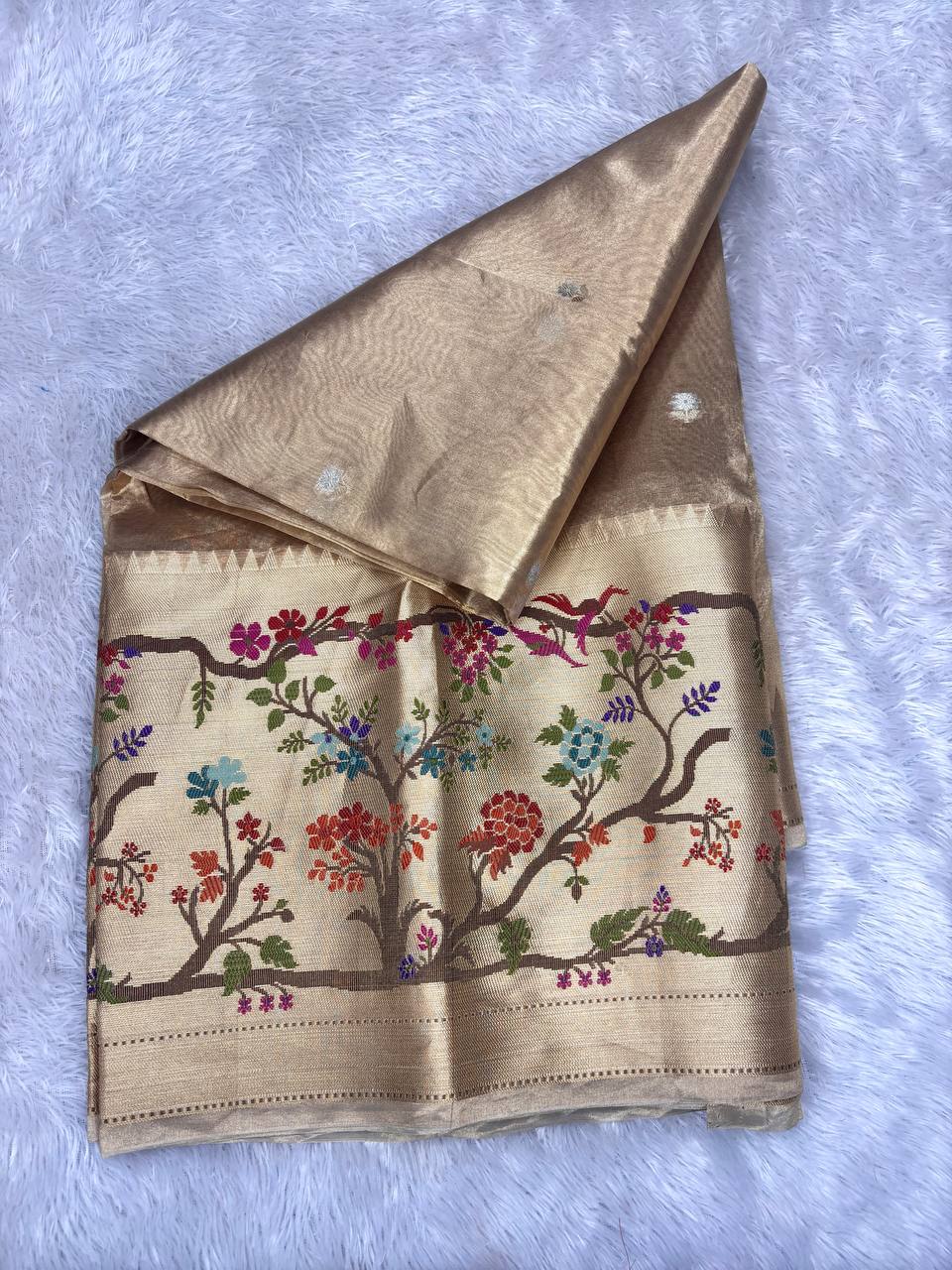 Handwoven Rose Gold Banarasi Tissue Silk Saree with Shikargah-inspired Tree of Life Meenakari Border