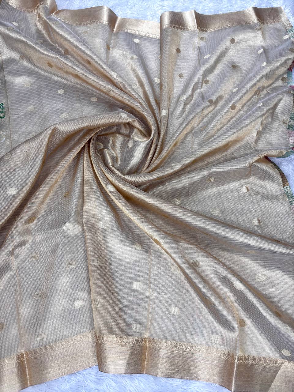 Handwoven Champagne Gold Banarasi Tissue Silk Saree with Pastel Meenakari Floral Jaal and Delicate Zari Border