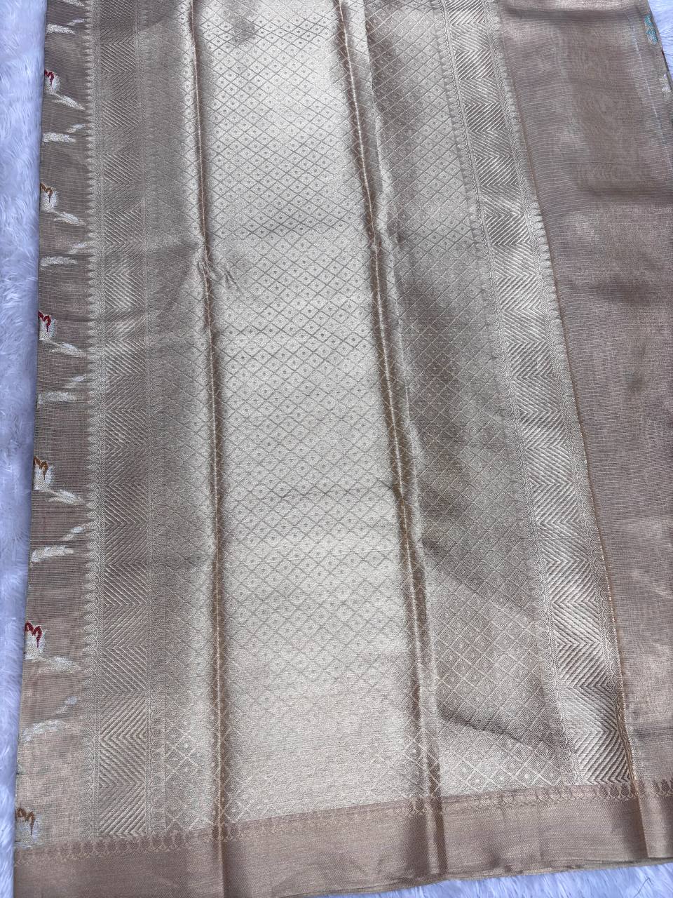 Handwoven Champagne Gold Banarasi Tissue Silk Saree with Pastel Meenakari Floral Jaal and Delicate Zari Border
