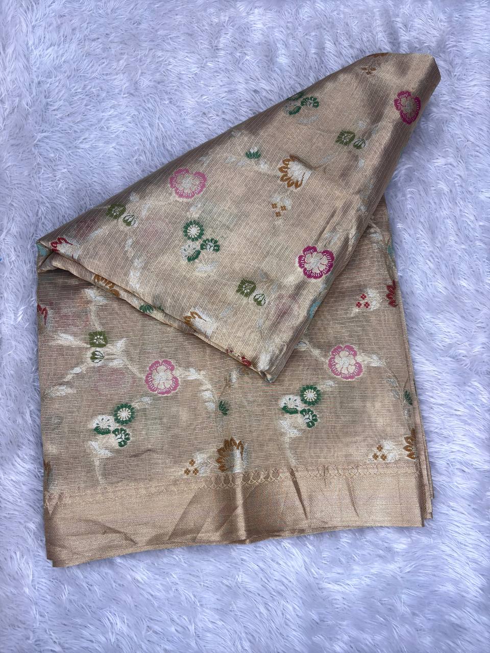 Handwoven Champagne Gold Banarasi Tissue Silk Saree with Pastel Meenakari Floral Jaal and Delicate Zari Border