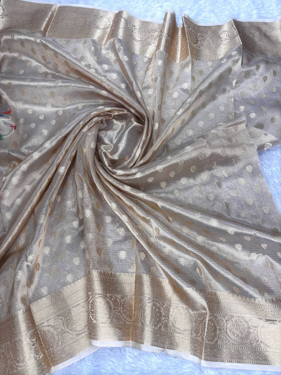Handwoven Beige-Gold Banarasi Tissue Silk Saree with Geometric Meenakari Floral Jaal and Ornate Zari Border