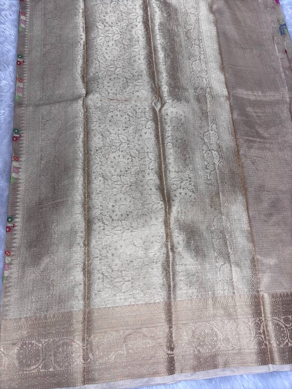 Handwoven Beige-Gold Banarasi Tissue Silk Saree with Geometric Meenakari Floral Jaal and Ornate Zari Border