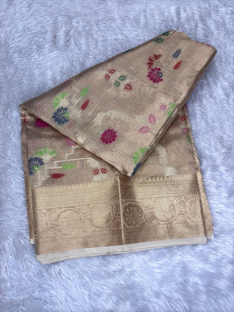Handwoven Beige-Gold Banarasi Tissue Silk Saree with Geometric Meenakari Floral Jaal and Ornate Zari Border